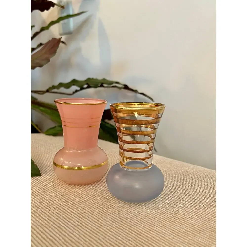 Vintage Glass Vases Pair Hollywood Regency Gold Stripe Pink Blue Mid Century